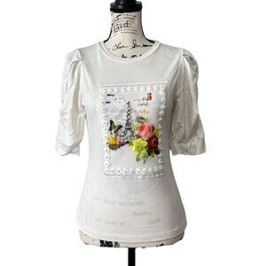 Gracia Womens Top Puff Sleeve White Paris Eiffel Tower Floral Embroidered Size S